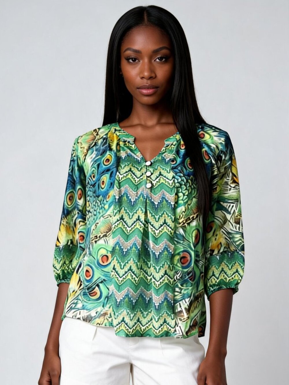 FIG AND FLOWER | Green Peacock Print Tunic Top w/ Tank Sz SP